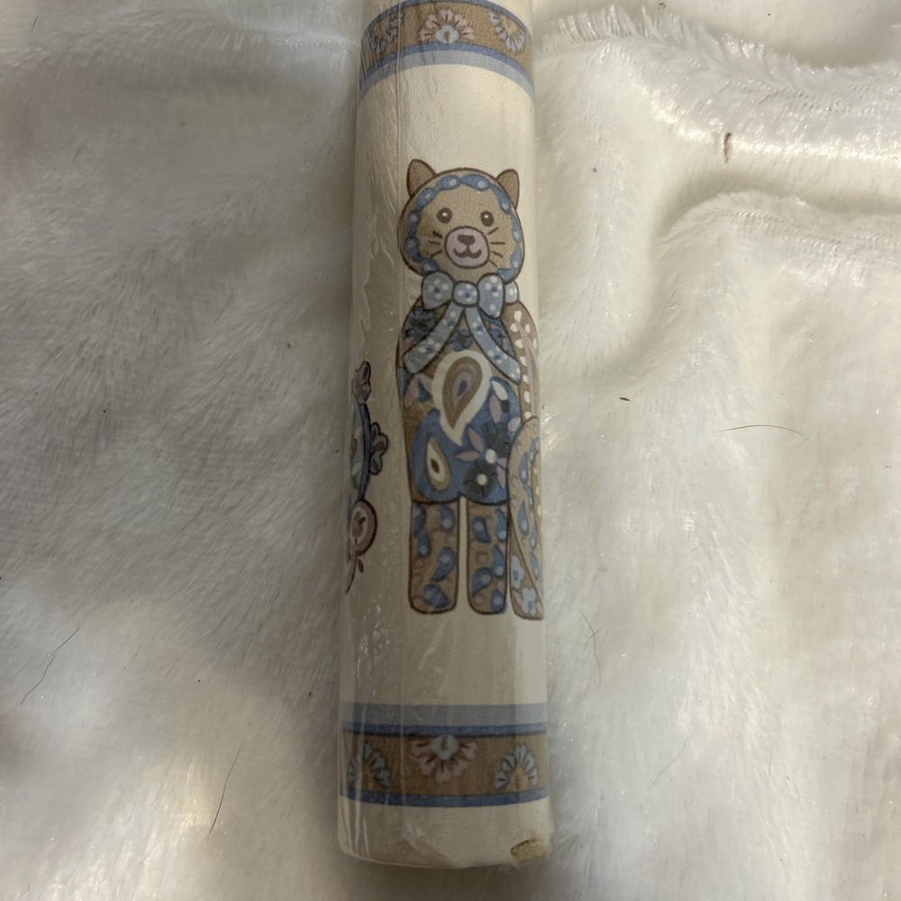 Vintage Paisley Cat Wallpaper Border Blue Tan Folk Art 5 Yards OH923 Lot 2A